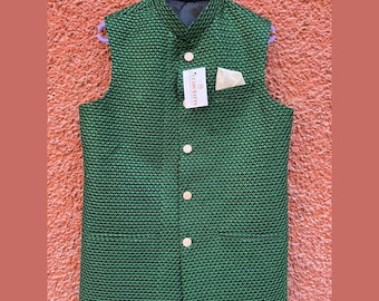 Green Georgette Nehru Jacket: Chikankari Embroidered Indian Wedding Vest