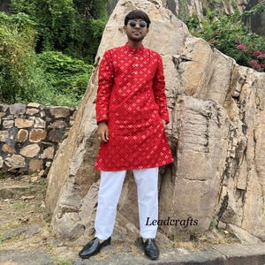 Red Georgette Kurta Pajama Set: Mirror Work Embroidered Indian Outfit