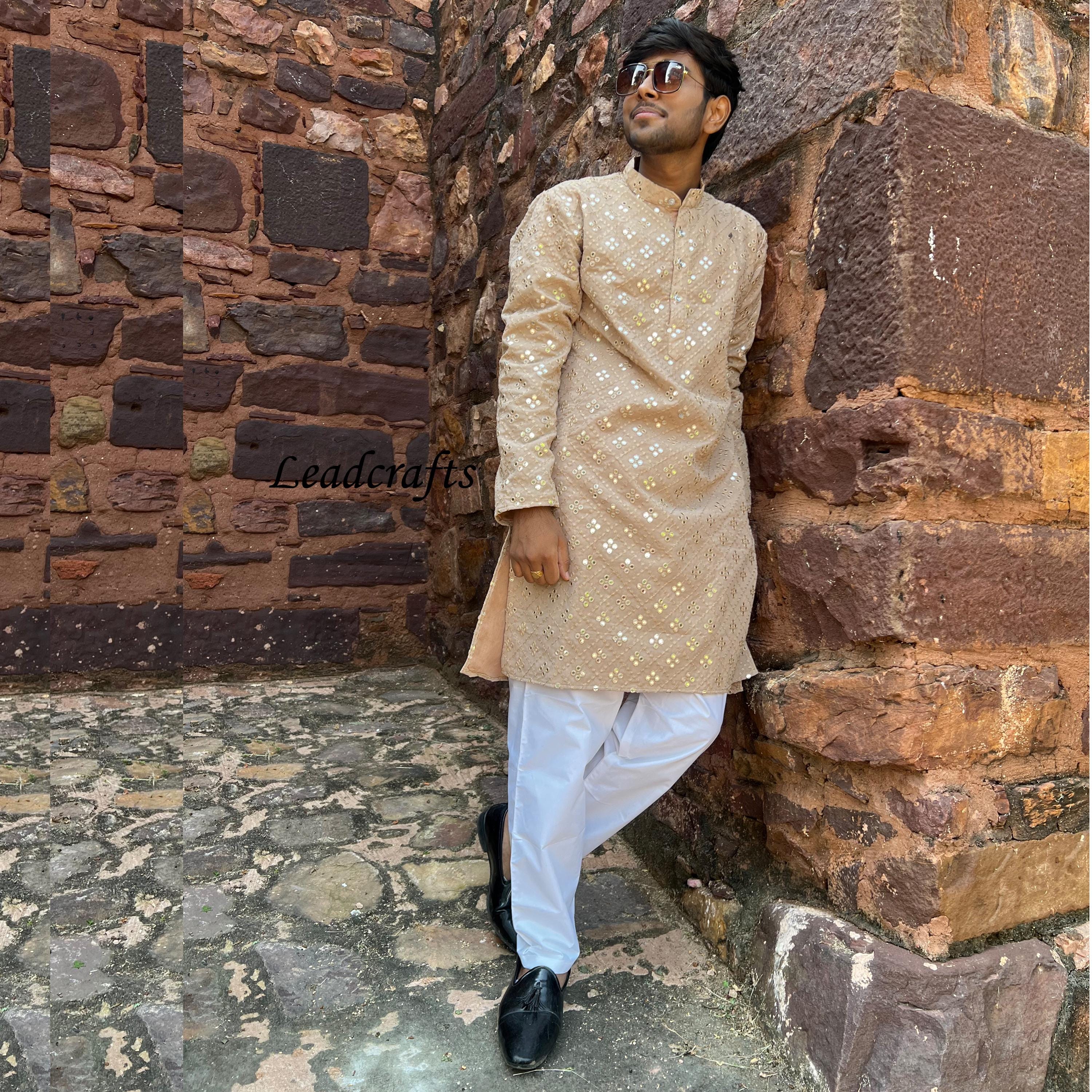 Men'S Beige Woven Kurta Pajama