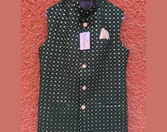 Veste verte Nehru : gilet de mariage indien Georgette Chikankari Mirror Work