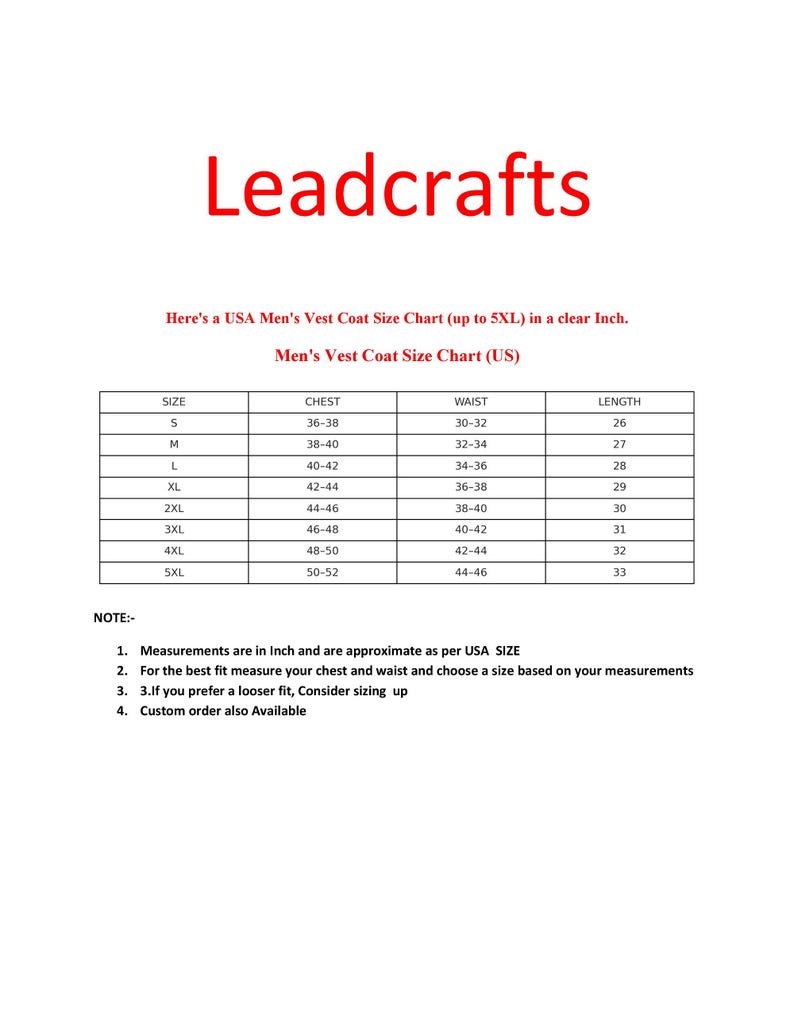 May include: A vest coat size chart from Leadcrafts, with chest, waist, and length measurements in inches. Sizes range from S to 5XL. The chart is for USA sizes and includes a note about measurements.
