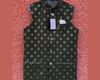 Veste verte Nehru pour homme : gilet de mariage indien brodé Georgette Chikankari