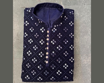 Blaues Chikankari Kurta Pyjama Set: Spiegelarbeit Indisches Hochzeitsoutfit