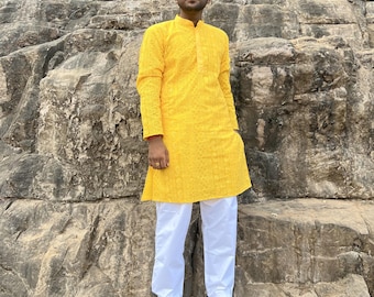 Yellow Embroidered Kurta Pajama Set for Men,Elegant Outfit for Special Occasions