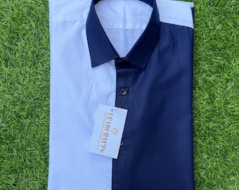 Two-Tone Colorblock Cotton Shirt: Half White Half Blue, Modern Fit
