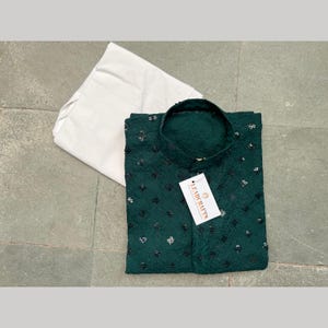 Dark Green Chikankari Men&#39;s Kurta , Bollywood Style Party Wear ,Soft Cotton Floral Design,Men Party Wear Man Stuff, Soft Cotton Kurta