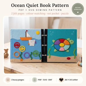 Ocean Felt Quiet Book Pattern PDF SVG, 2 Busy Book Pages for Toddlers, Montessori Sensory Activity Book, Cricut, Beginner Sewing