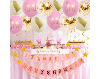 Baby Shower Decorations for Girl-Pink and Gold Baby Girl Party Supplies-Its A Girl Banner-Oh Girl Balloons-Gold Stars Swirls-Mommy To Be Sash
