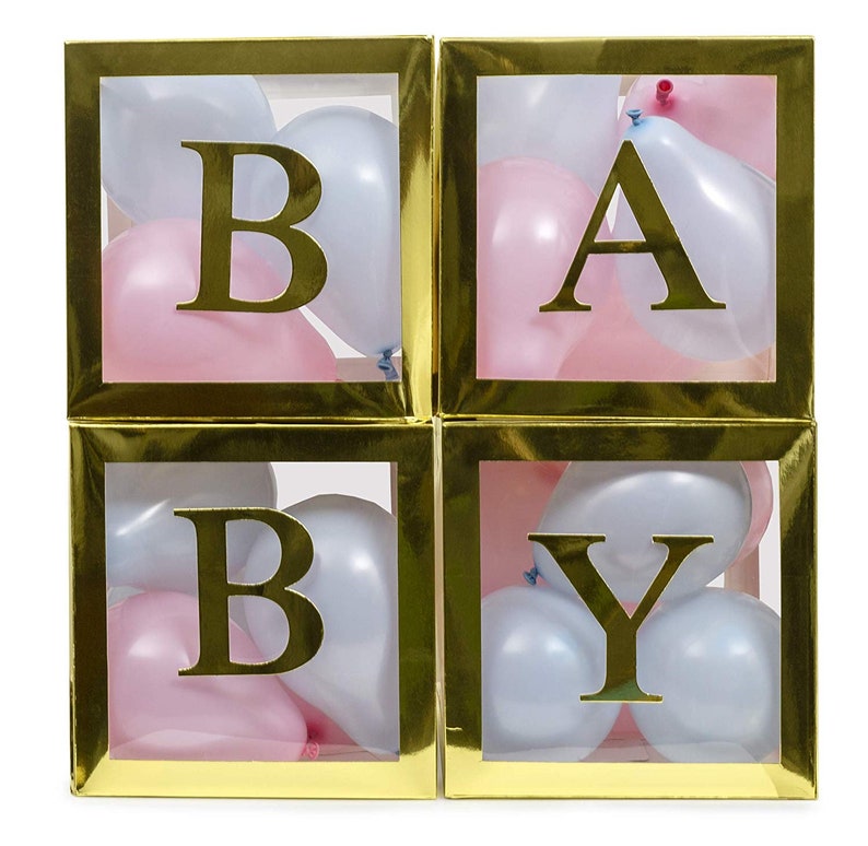 Gold transparent balloon boxes with 4 letters baby shower | Etsy