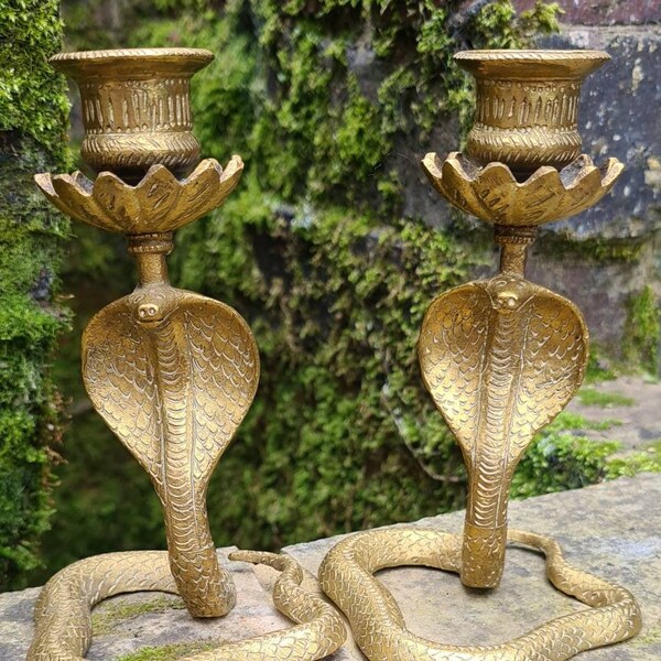 Pair Of Vintage Solid Brass Cobra Snake Candlesticks Candle Holders, Pagan, Wiccan, Witchcraft, Witch, Serpent