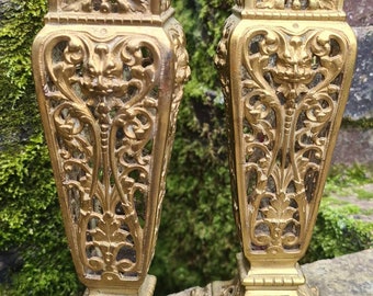 Antique Pair Brass Devil Demon Satyr Pan Green Man French Filigree Candlesticks Candle Holders, Witchcraft, Pagan, Wiccan, Witch