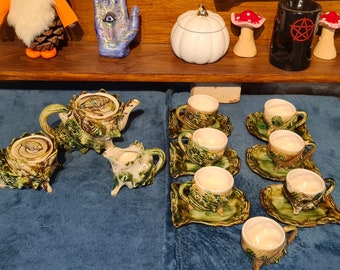 Majolica Style Green & Brown Seashell Conch Shell Japanese Tea Set Service With Cups And Saucers, Witchcraft, Pagan, Wiccan, Witch