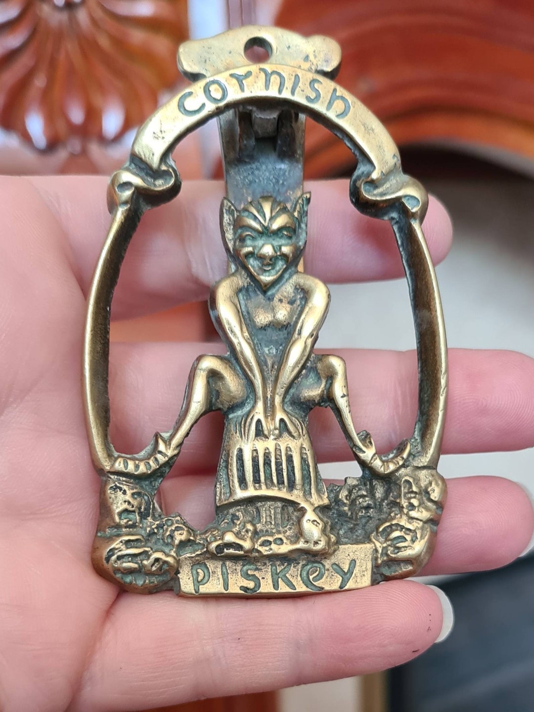 Antique Brass Door Knocker Cornish Piskey Pixie Sat on A Toadstool