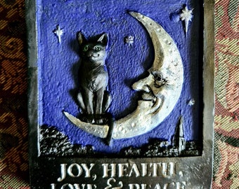 Handmade Pagan Black Cat & Moon Plaque, Celestial Plaque, Pagan, Wiccan, Witchcraft, Witch, Indoor, Outdoor, Handpainted