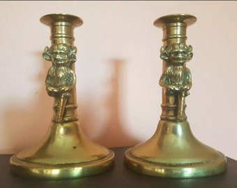 Antique Brass Pair Of Lincolnshire Satyr Devil Candlesticks Candle Holders, Witchcraft, Pagan, Wiccan, Occult