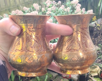 Vintage Pair Of Indian Brass Altar Vases, Enamelled Brass Vase, Witchcraft, Wiccan, Pagan, Witch, Farmhouse