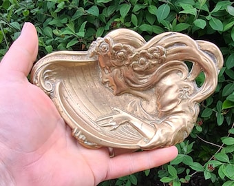Antique Brass Goddess Lady Offering Dish Trinket Pin Coin Tray, Pagan, Witchcraft, Wiccan, Witch, Altar Piece