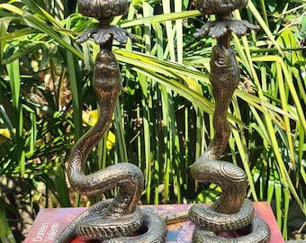Antique Pair Bronze Brass Snake Serpent Candlesticks Candle Holders 1900's, Witchcraft, Pagan, Wiccan, Witch