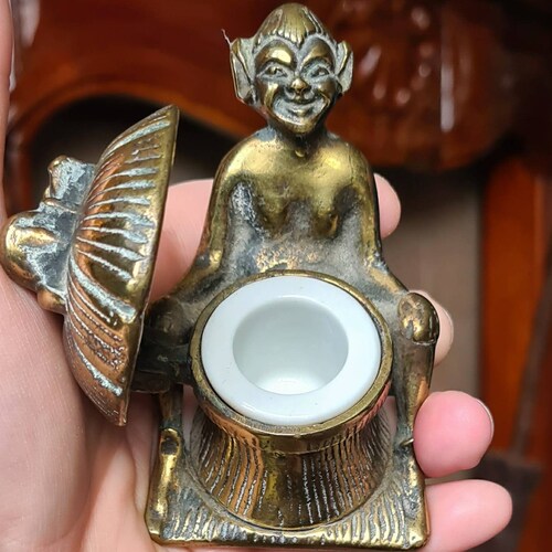 Antique Brass Pixie Inkwell, Witchcraft, Pagan, Witch, popular Altar Piece, Folklore