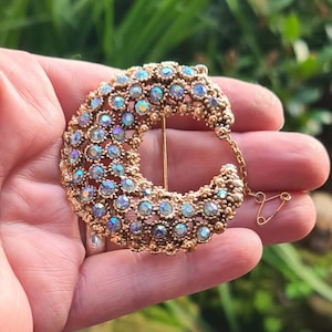 Vintage Large Iridescent Rhinestone Faceted Crescent Moon Style Brooch Pin,  Witchcraft, Pagan, Wiccan, Witch