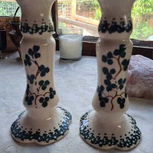 Vintage Pair Of Hand Crafted O&#39;Neill Pottery Candlesticks, Candle Holders, Shamrock Design, Pagan, Wiccan, Witchcraft,  Bunratty, Ireland
