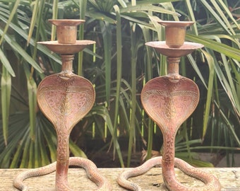 Vintage Pair Of Brass Cobra Snake Candlesticks, Cobra Candle Holders, Pagan, Wiccan, Witchcraft, Witch, Serpent, 8 Inches Tall