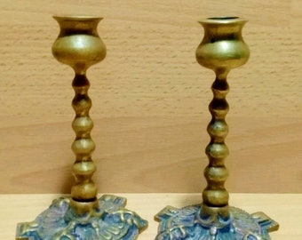 Pair Of Antique Brass Barley Twist Green Man Candlesticks Candle Holders, Altar Piece, Witchcraft, Pagan, Wiccan, Witch, Home Decor