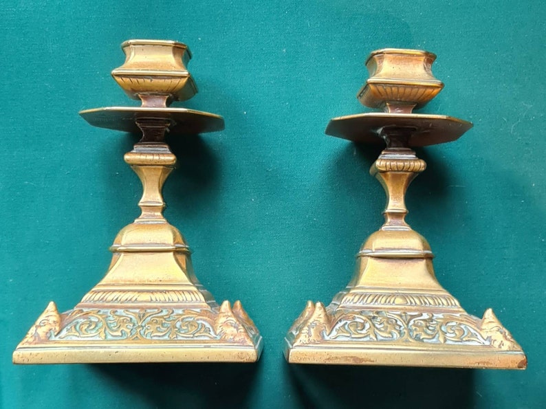 Antique Ornate Brass Green Man Crescent Moon Candlesticks Candle Holders By William Tonks & Sons, Witchcraft, Pagan, Wiccan image 1