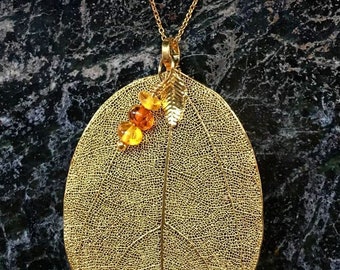 Real Leaf Baltic Amber Necklace, Gold Plated Sterling Silver Necklace, Gold Vermeil, Pagan, Wiccan, Gift For Her, Witchcraft, Witch