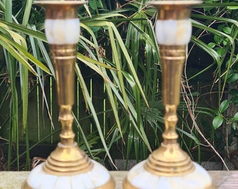 Vintage Brass & Mother Of Pearl Celestial Candlesticks Candle Holders, Witchcraft, Pagan, Wiccan