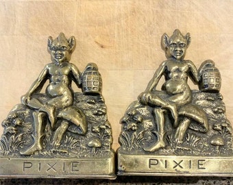 Antique Vintage Brass Pixie Bookends, Pagan, Witchcraft, Wiccan, Piskey, Folklore, Fae, Antique, Cornish Pixie, Peerage