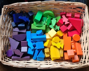 Large Basket Of Rainbow Wooden Bricks & Friends Play Sorting Set, Heuristic Play, Montessori, Waldorf, Reggio Emilia, Loose Parts