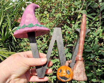 OOAK Hand Sculpted Free Standing Clay 'Witchy W' With Witches Hat Besom Broomstick & Pumpkin, Pagan, Wiccan, Witchcraft, Witch, Halloween