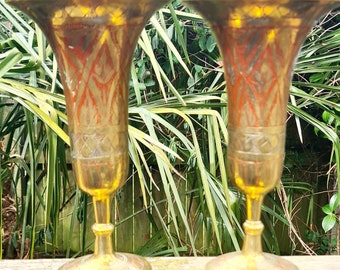 Vintage Tall Pair Of Indian Brass Altar Vases, Enamelled Brass Vase, Witchcraft, Wiccan, Pagan, Witch, Farmhouse
