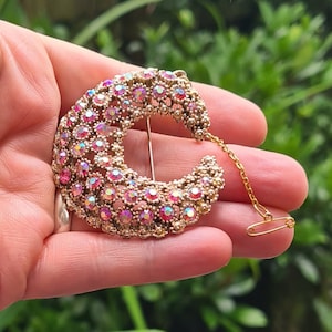 Vintage Large Iridescent Rhinestone Faceted Crescent Moon Style Brooch Pin,  Witchcraft, Pagan, Wiccan, Witch