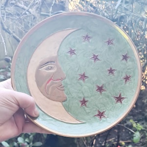 Vintage Enamelled Brass Moon & Stars Offering Dish Plate, Pin Coin Tray, Witches Moon Offering Dish, Witchcraft, Celestial