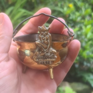 Könnte beinhalten: Ein kleiner, antiker Messingkessel mit Henkel und drei Beinen. Vorne ist eine detaillierte Messing-Pixie-Figur angebracht, darunter die Worte "Widecombe Pixie". Der Kessel wird in einer Hand vor einem verschwommenen grünen Hintergrund gehalten.
