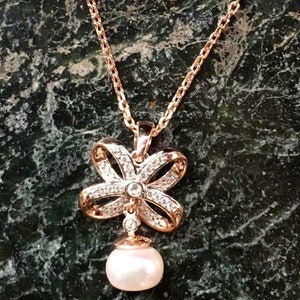 18k Rose Gold Plated Sterling Silber Süßwasserperle & Weißer Topas Halskette, Pagan, Sea Witch, Wicca, Witchcraft