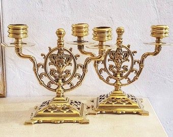 Pair Of Antique Brass Devil Demon Satyr Pan Green Man Of The Woods Candelabra Candlestick, Witchcraft, Pagan, Wiccan, Witch, Occult