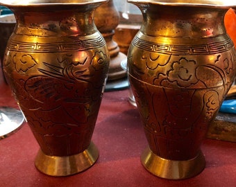 Vintage Brass Pair Of Vases, Pagan, Wiccan, Witchcraft, Altar Piece, Home Decor