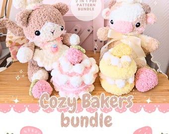 May include: A crochet bundle featuring a strawberry kitty and a lemon cow, both wearing chef hats. The image includes two crochet cakes and the text "Cozy Bakers bundle". The bundle includes crochet PDF patterns.