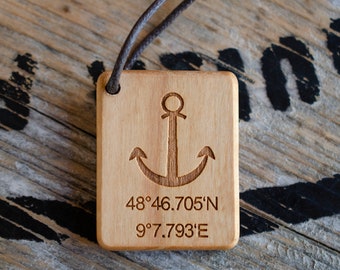 Wood Keychain Anchor Personalized Engraving Pendant Coordinates Valentine's Day