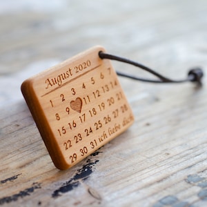 Calendar Wood Keychain Personalized with Engraving Cherry Wood Pendant