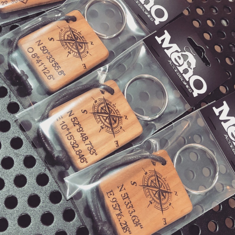 Wood Keychain With Engraving Cherry Wood Pendant Coordinates Etsy