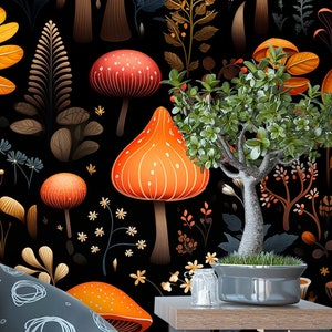 Mushroom Wallpaper Peel and Stick, Dark Botanical Wallpaper Roll, Magic Forest Wallpaper Nursery Wall Mural Removable Adhesive Bedroom XC55