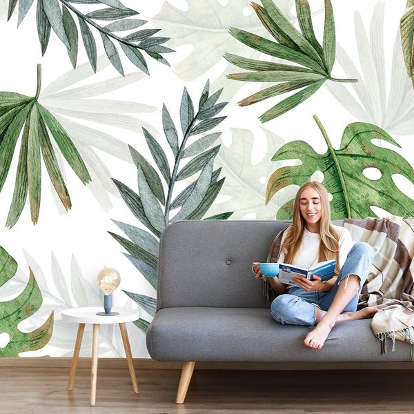 Botanical Wallpaper Peel and Stick Bedroom Decor, Green Tropical Wallpaper Removable Large Leaf Wall Mural Jungle Wallpaper Living Room X924
