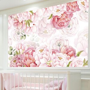Pink Peony Wall Mural Infants Nursery Flower Wallpaper Peel and Stick Accent Wall paper Newborn Baby Girl Bedroom Eco Friendly Material XPE3