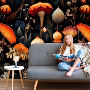 Dark Botanical Wallpaper Peel and Stick, Black Mushroom Wallpaper Roll Living Room, Magic Forest Wallpaper Wall Mural Removable Bedroom XC67