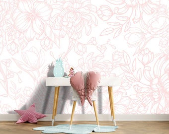 Peony Wallpaper Baby Girl Nursery, Floral Wallpaper Peel and Stick Bedroom, Pink Peonies Flower Mural Botanical Wall paper  Removable X741