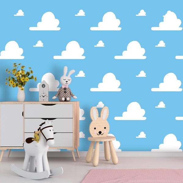 Woodland Clouds Wallpaper for Nursery. Playroom Wallpaper Removable Wallpaper Mural. Blue White Self Adhesive Wallpaper Peel and Stick X301